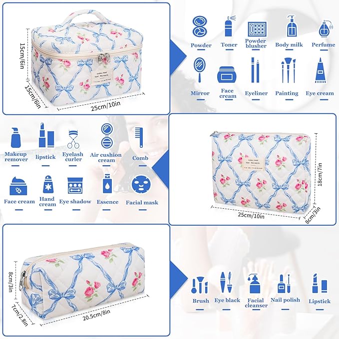 Gosect Makeup Bag Set, Quilted Makeup Bag, Large Floral Cosmetic Bag for Women, Cute Cotton Makeup Bags, Flower Travel Toiletry Organizer Bag (Blue Flower)