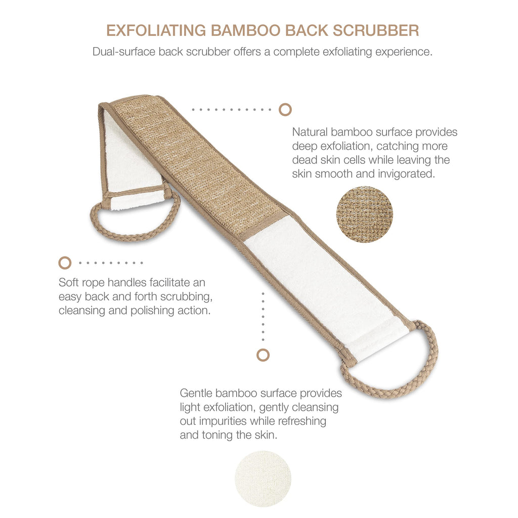 Eurow Beauty Bamboo Back Scrubber, Dual-Sided Exfoliating and Cleansing Shower Strap with Looped Handles, Gentle for All Skin Types, Reusable for Daily Spa-Like Bath Experience, 2-Pack