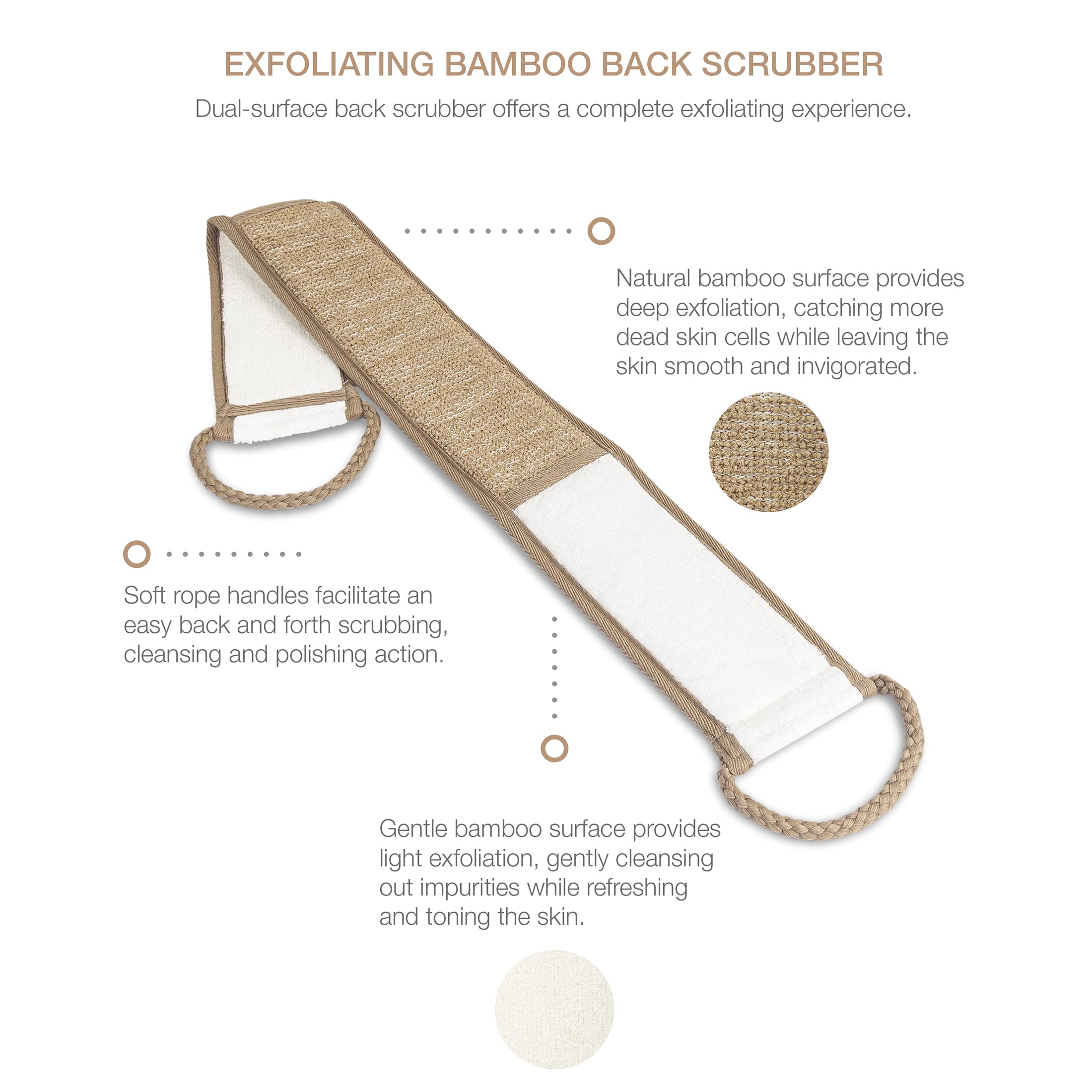 Eurow Beauty Bamboo Back Scrubber, Dual-Sided Exfoliating and Cleansing Shower Strap with Looped Handles, Gentle for All Skin Types, Reusable for Daily Spa-Like Bath Experience, 2-Pack