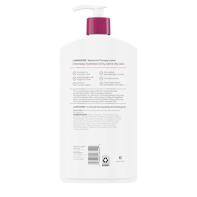 Lubriderm Advanced Therapy Body Lotion, Fragrance-Free Lotion for Extremely Dry Skin, Pro-Ceramide Hydration for Itchy, Dry, Sensitive Skin, Hand and Body Lotion, Non-Greasy, Hypoallergenic, 32 Fl Oz