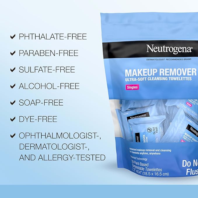 Neutrogena Makeup Remover Towelettes for Face with Micellar Water Daily Alcohol-Free Gently Removes Oil Dirt and Waterproof Makeup in a Simple Fully Plant-Based Cloth, 25 ct