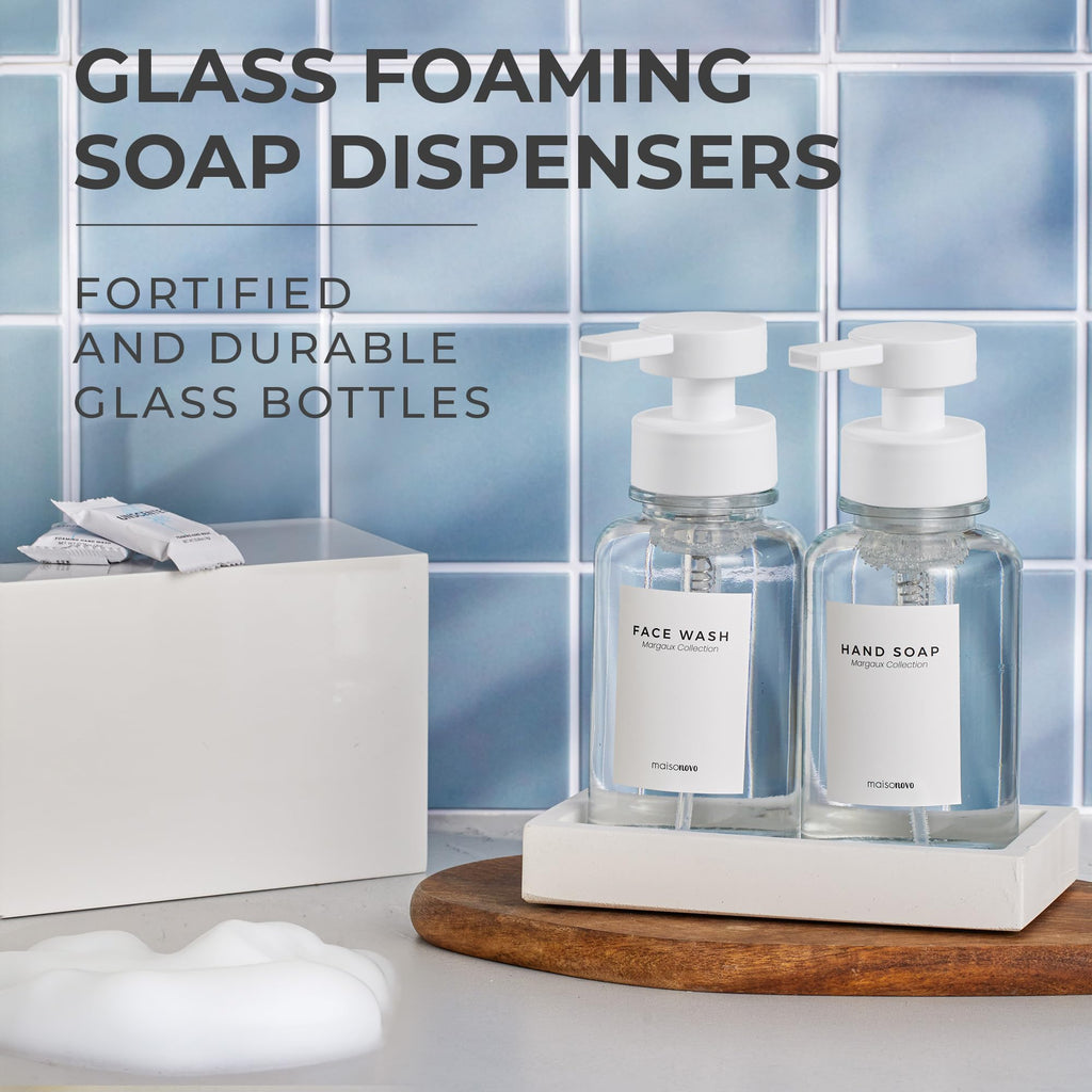 MaisoNovo Glass Foaming Soap Dispenser 14 Oz | Glass Bottles Pumps x 2 Clear with Tray