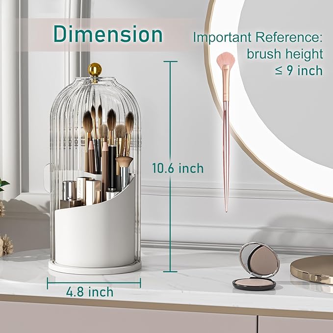 GAXmi Makeup Brush Holder with Lid Rotating Cosmetic Organizer, Transparent