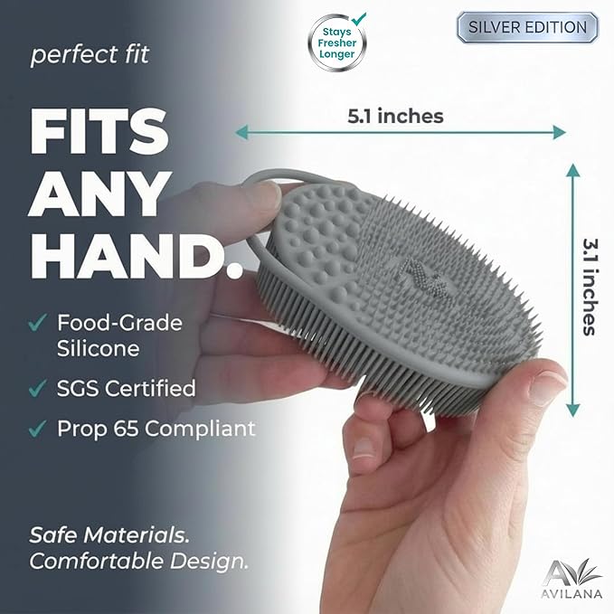 Avilana Silicone Body Scrubber for Shower – SGS Certified Food Grade Dual Sided Bath Brush, Gentle Exfoliating Silicone Loofah Alternative, Sensitive Skin Body Brush (Pink-Silver, Exfoliate)