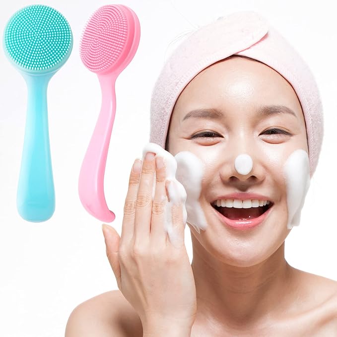 HINZIC 4 Pack Silicone Manual Facial Cleansing Brush, Skin Friendly Waterproof Face Cleaning Scrubber Exfoliator Cleanser for Blackheads Whiteheads Makeup Residues Removal- 2 Blue & 2 Pink