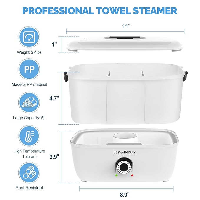 EASYINBEAUTY Hot Towel Warmers for Spa, Holds 16 Small Towels, 5L Portable Towel Steamer with Quickly Heating in 1-5 Mins, Auto Off Timer Foldable Towel Warmer for Facials, Barber, Manicures, Massage