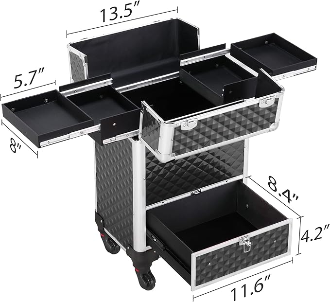 Yaheetech Rolling Makeup Train Case with a Drawer Nail Trolley Black/Silver