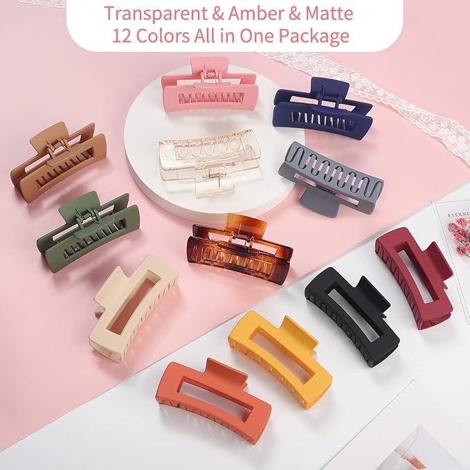 Sisiaipu 4.1 Inch Large Hair Accessories - 12 Pcs Big Square Jaw Clips for Thick Hair, Jumbo Bulk Clips for Women and Girls