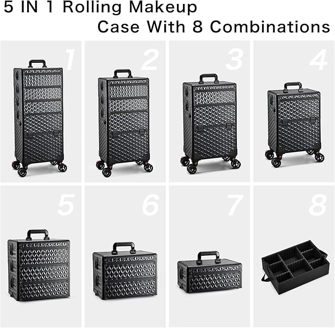 Yueieoun 5 in 1 Makeup Train Case, Cosmetology Case on Wheels Travel Make up Case Rolling Nail Cart Makeup Organizer Cosmetic Storage Box Cases Extra Large Trolley Truck with 360° Swivel Wheels, Black