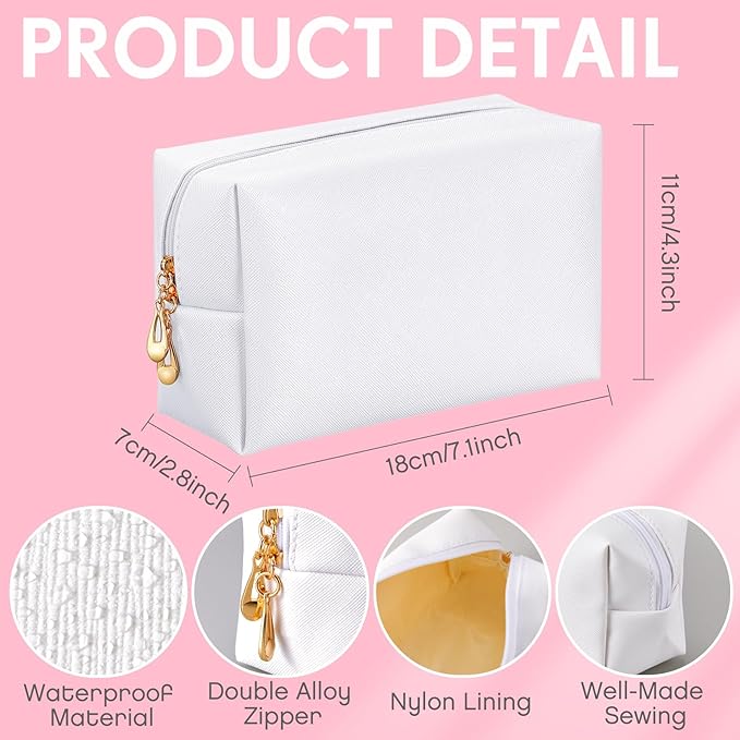 Kigeli Aesthetic Makeup Bags PU Leather Cosmetic Pouches Waterproof Plain Toiletry Bags Makeup Pouches Bulk for Women Party Gift Travel Storage Organizer(White,7.1 x 2.8 x 4.3 in)