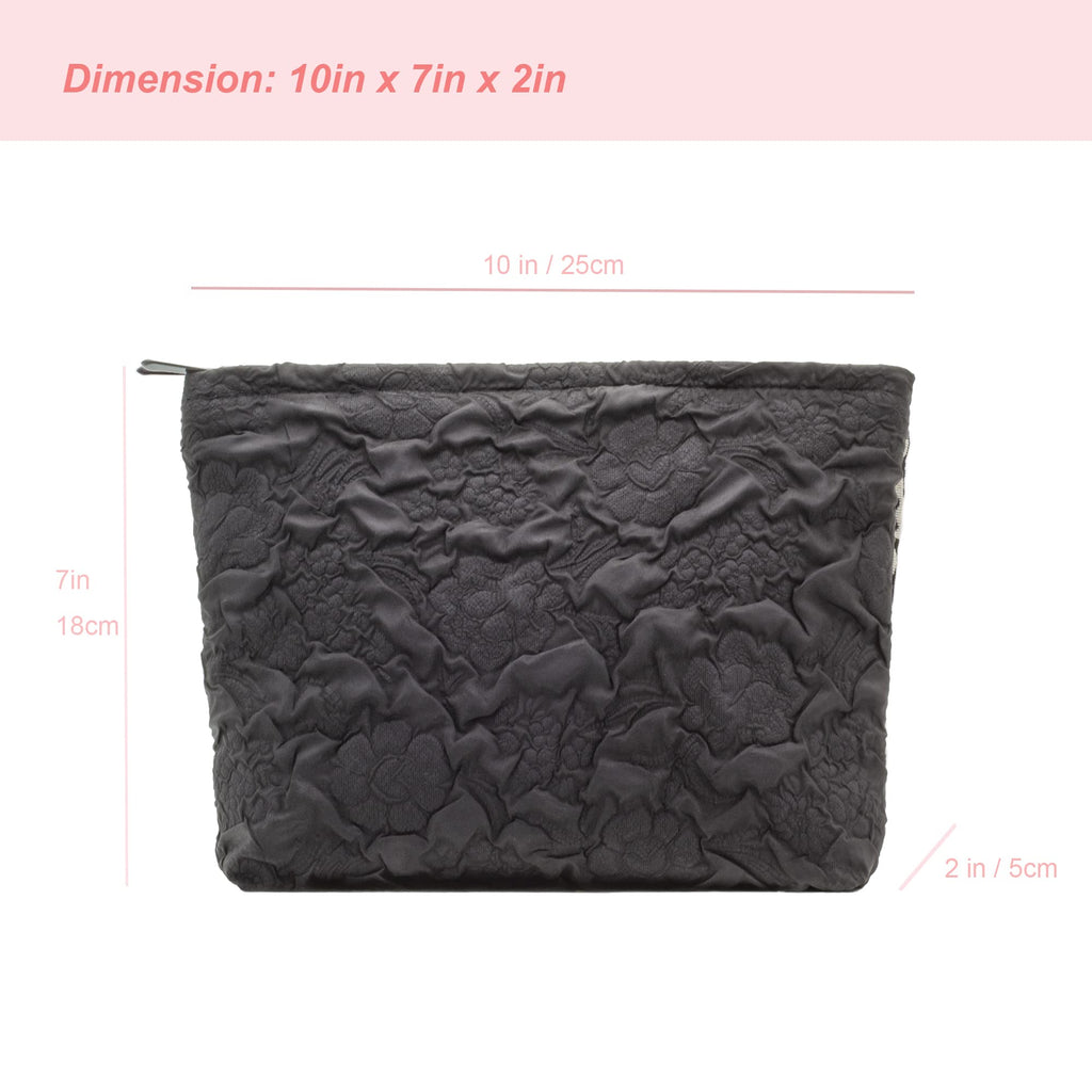 Flat Makeup Bag for Women,Zipper Cosmetic Pouch for Purse,Flower Black