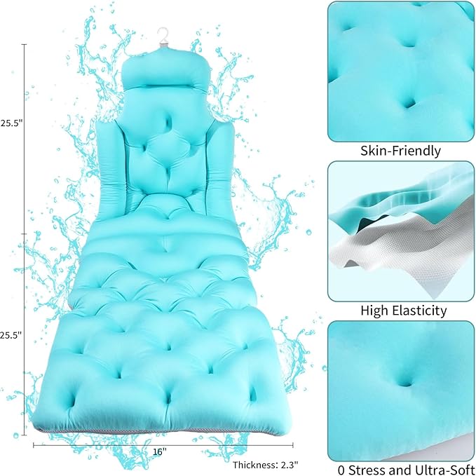 Flozerra Full Body Bath Pillow, 51"x16" Thick Bathtub Cushion with Laundry Bag, Neck & Back Support Pillow for Bathtub, Ocean Blue
