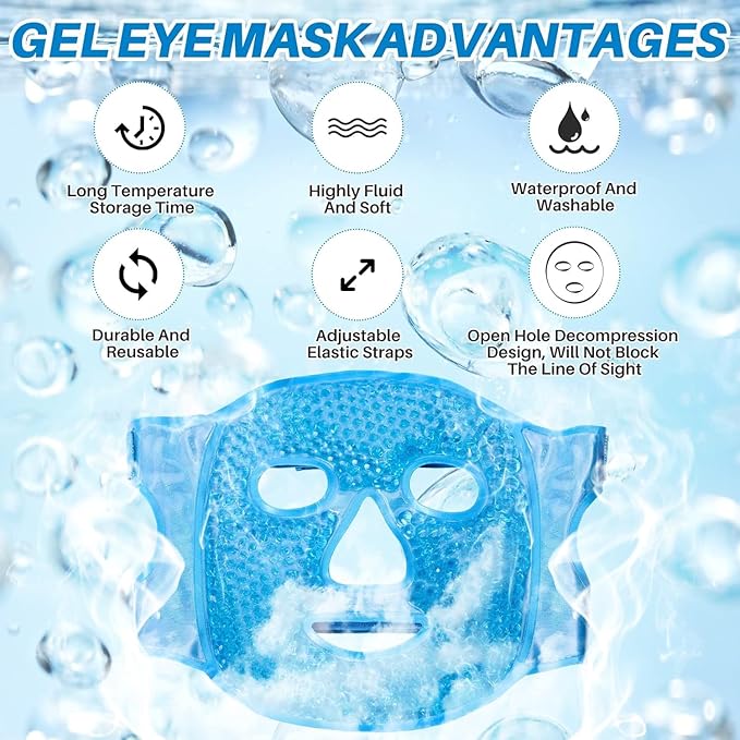 Face ICE Mask for Puffy Eyes & Dark Circles - Gel Bead Hot & Cold Compress Pack for Face, Eye Relief, Headaches, Skin Care & Post-Laser Care, Reusable & Washable (Blue)