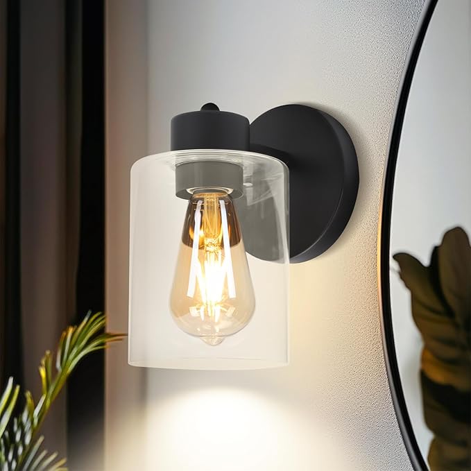 Black Bathroom Wall Sconces: Vanity Fixtures with Clear Glass Shade, E26 Base Hardwired Farmhouse Wall Lights for Bedroom Living Room Bathroom (Bulb not Included)