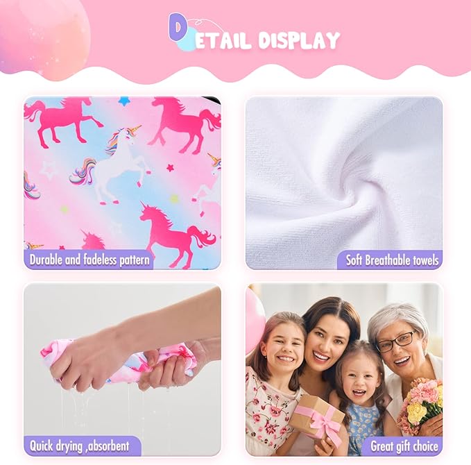 2 Pack Kids Hair Drying Towels Girls Unicorn Wet Hair Towel Quick Dry Twisty Hair Towels (Rainbow Unicorn)