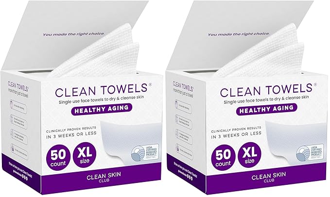 CLEAN SKIN CLUB Healthy Aging Clean Towels® XL, Smooths Fine Lines Wrinkles & Texture, Disposable Face Dry Wipes, XL - 2 Pack (50 count)