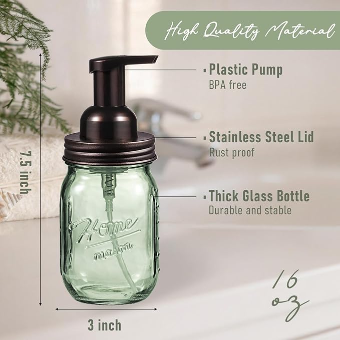 SheeChung Mason Jar Foaming Soap Dispenser, Stainless Steel Lid, Green Glass Foam Hand Soap Dispenser, 16 Oz Refillable Liquid Foam Dispenser Bottle for Bathroom Kitchen, Dish Soap-Bronze, 2 Pack