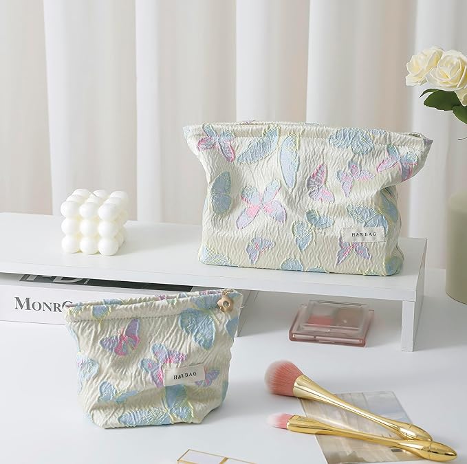 getgto 2 Pcs Makeup Bags, Large Cosmetic Bag Travel Toiletry Bag Organizer for Women, Embroidery Craft, Floral Makeup Bag Small Cosmetic Pouch Purse with Zipper Gifts for Girls Teen