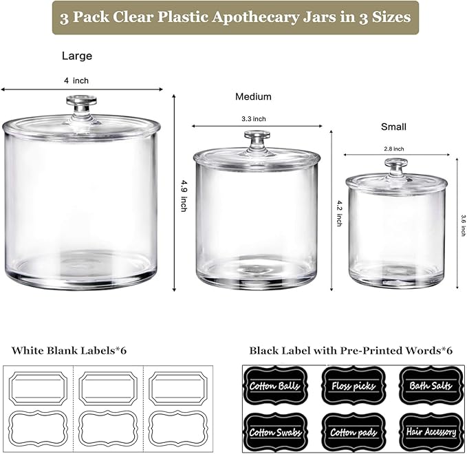 SheeChung 3 Pack Apothecary Jars with Lids,Qtip Holder Bathroom Set,Acrylic Storage Containers,Cotton Ball and Q tip Holder Set,Clear Bathroom Containers with Labels,Bathroom Organizers and Storage
