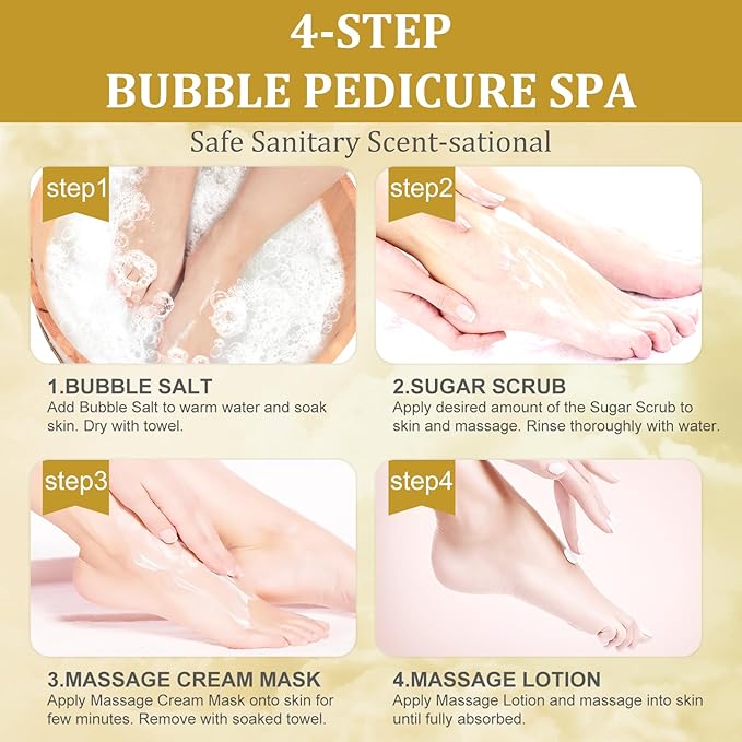 nbc BeautiLab Pedicure Kit Foot Soak Set: Bubble Salt, Sugar Scrub, Massage Mask, Massage Lotion in a Box, 4 Step Foot Spa Kit for Dry Feet,Tired Feet (3 Set Honey flower)