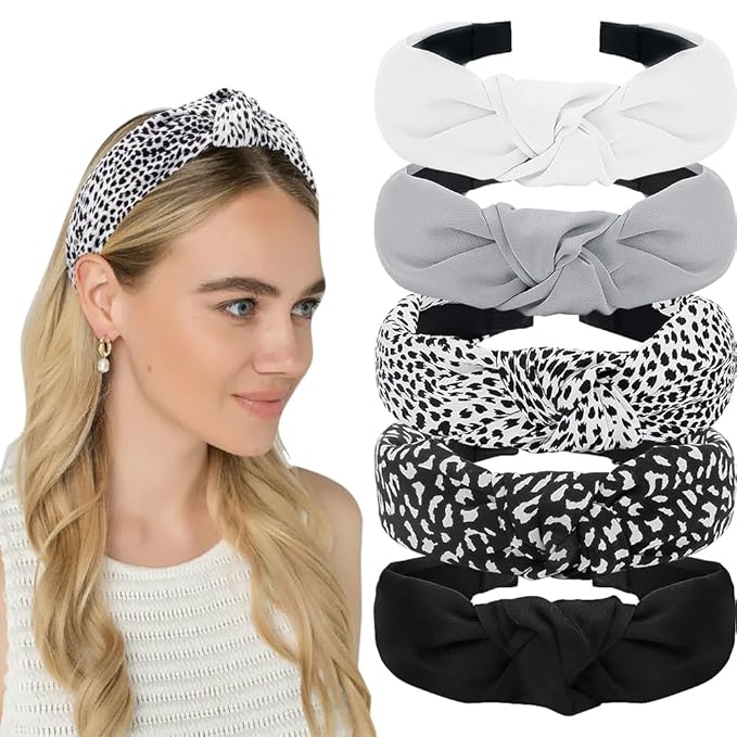 AHONEY 5 Pack Black Knotted Headbands for Women Wide Headbands for Women's Hair Top Knot Non Slip Cute Hair Accessories Leopard Print Diademas Para Mujer (Black)