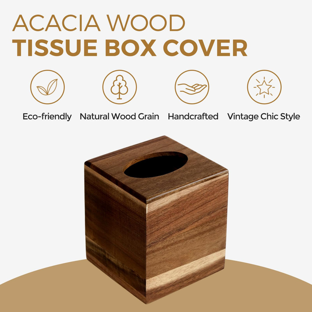 KALEKAIL 2 Pack Wood Tissue Box Cover， Acacia Wood Tissue Box Cover Square, Decorative Cube Facial Wooden Tissue Box Holder with Slide-Out Bottom for Bathroom, Bedroom, Dinner Table, Office, Kitchen
