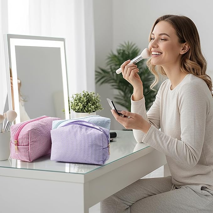 Sanwuta 12 Pcs Seersucker Cosmetic Bags Bulk Seersucker Makeup Bags Stripe Women Pouch Large Preppy Storage Pouch Toiletry Travel for Wedding Bridesmaid Bride Favor Back to Teacher Gift (Neutral)