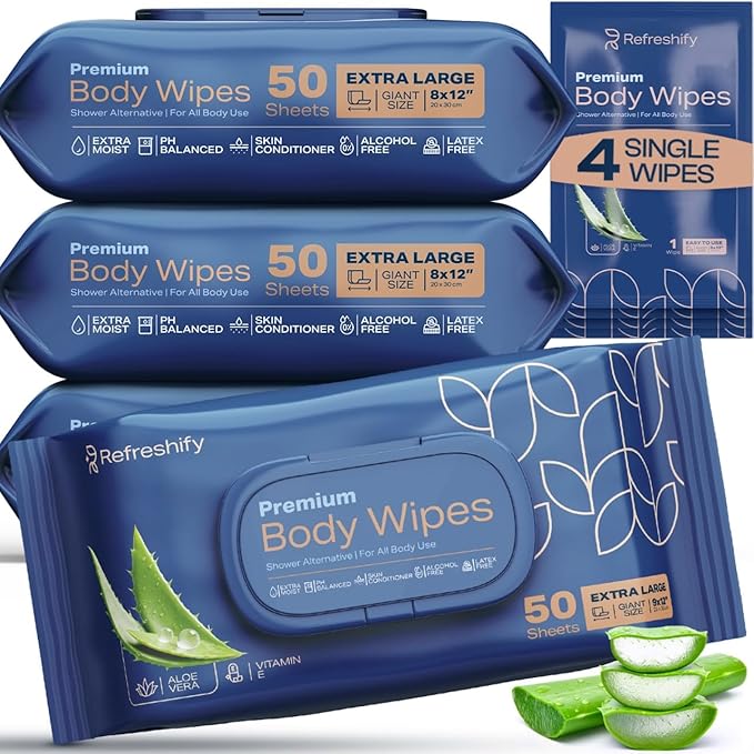 200 XL Body Wipes for Adults Bathing No Rinse, XL Shower Wipes and Disposable Washcloths, Wipes for Adults, Adult Wipes for Elderly Care and Recovery, Travel Wipes Included, 8"x 12"