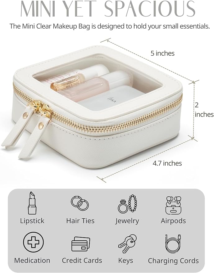 Small Cosmetic Bag for Purse Mini Makeup Bag for School Cute Clear Make Up Pouch for Travel Tiny Leather White Make Up Organizer Case for Backpack Toiletry Bag Waterproof Square Pouch with Zipper