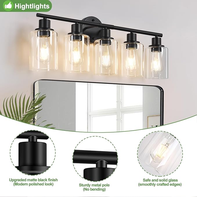 Zarbitta 5-Light Bathroom Light Fixtures, Black Modern Vanity Lights with Clear Glass Shade, Bathroom Wall Lamp for Mirror Kitchen Living Room Hallway Cabinet Porch