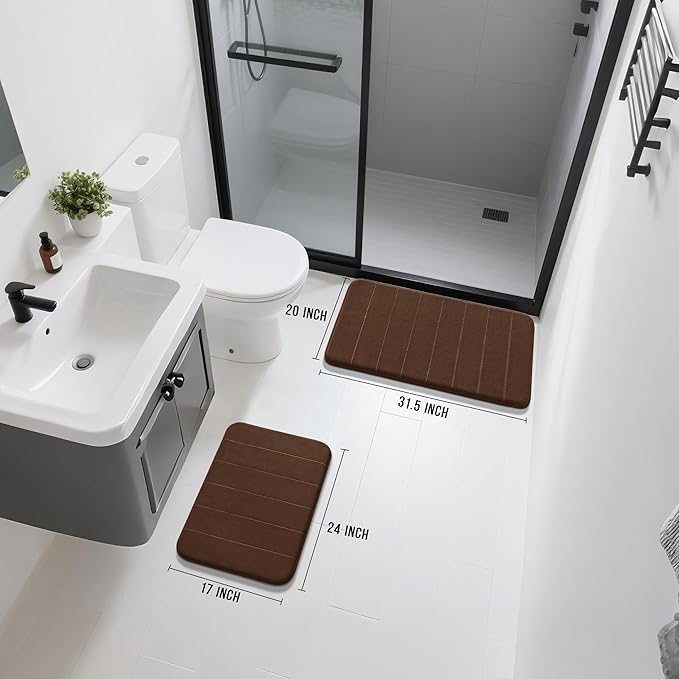Yimobra Memory Foam Bathroom Rugs Sets 2 Piece - Super Soft Absorbent Quick Dry Bath Mat Set, Machine Washable Non Slip Floor Carpet for Tub Shower & Single Sink (17x24 & 31.5x20 Inch, Brown)