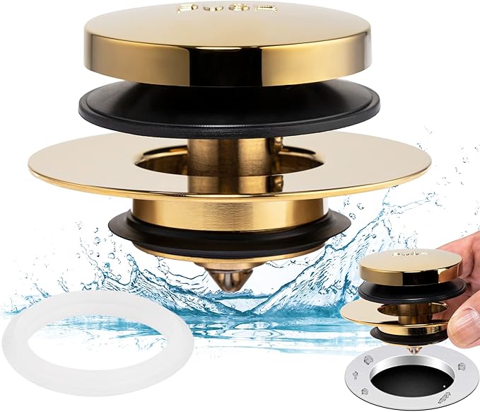 Artiwell Universal Tip Toe Bath Drain Stopper and Cover, Bathtub Drain Stopper, Replaces Lift and Turn, Tip-Toe and Trip Lever drains for Tub, EZ Installation and Clearing (Polished Brass)