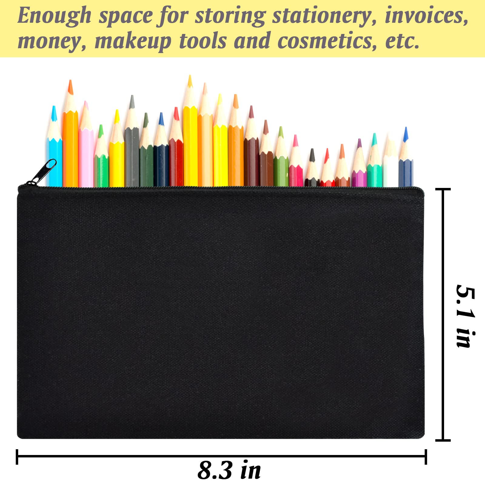 ZeeDix 8 Pack 8.3 x 5 inches Blank DIY Craft Bag - Black Canvas Zipper Pouch Bags Multipurpose Cosmetic Bag Makeup Pouch with Zipper, Travel Toiletry Bag for Storage