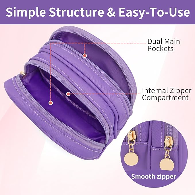 XIAOLER Small Makeup Pouch, Double Zipper Cosmetic Bag, Travel Makeup Bag, Cute Makeup Bag for Purse, Mini Toiletry Bag (Purple)