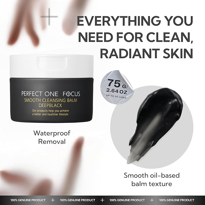 PERFECT ONE FOCUS Smooth Cleansing Balm Deep Black–Makeup Remover Balm with Charcoal & Gold Vitamin C, Helps Clear Pore Clogs,Hydrating Ceramides,Gentle Face Cleanser,Waterproof Mascara Remover–2.64oz