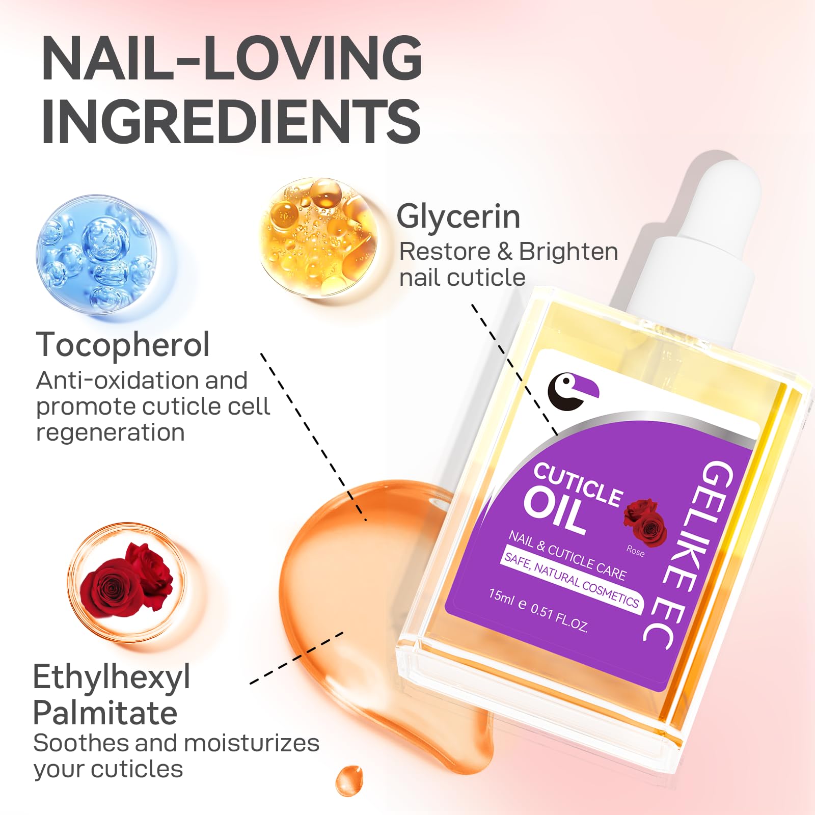 gelike ec Nail Cuticle Oil - Rose Scent Dual Color Nail Moisturizing With Natural Jojoba Vitamin B & E for Nail Bed ＆ Damaged Nails Repair Treatment - Cuticle Cream for Nail Growth and Strength
