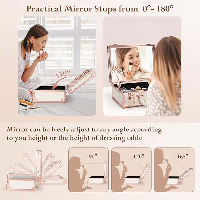 Faquenc Makeup Train Cases with Light Up Mirror 3 Color Setting, Lighted Makeup Case Organizer with Detachable Tray, Travel Makeup Box with Light for Make up Tools Storage (White & Gold)