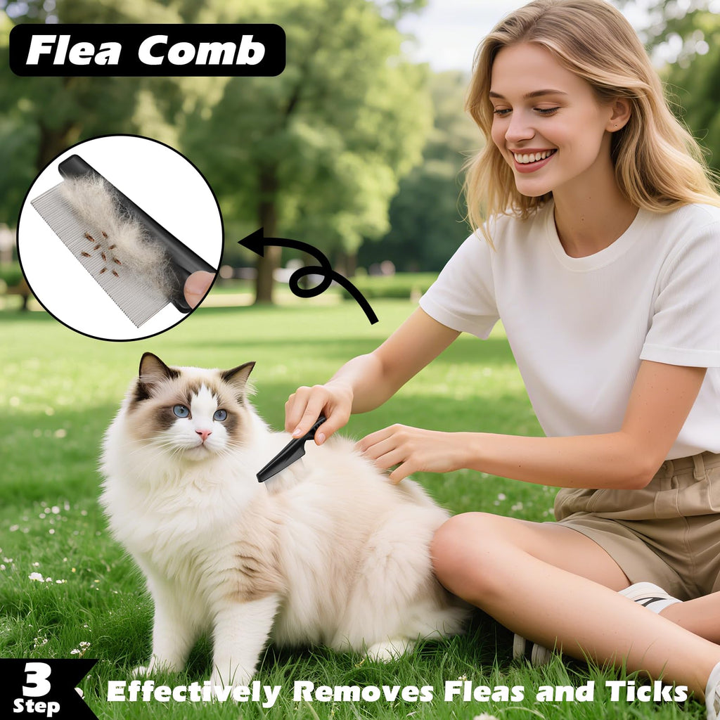 Professional 3PCS Self Cleaning Slicker Brush & Pet Grooming Rake & Flea Comb for Dogs,Cats and Horses | Double-Sided Dematting Comb & Skin Friendly Deshedding Grooming Tool | Pet Supplies (Grey)