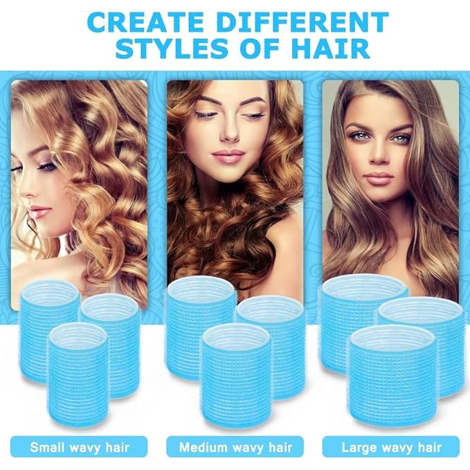 Self grip hair roller set,Hair roller set 18 pcs,Hair rollers with hair roller clips and comb,Salon hairdressing curlers,DIY Hair Styles, Sungenol 3 Sizes blue Hair Rollers in 1 set