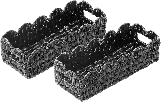 Coeusy Balck Toilet Basket,Set of 2 Scalloped Wicker Basket with Built-in Handles,Long Back of Toilet Baskets for Shelf,Tank Topper,Countertop,Rectangle
