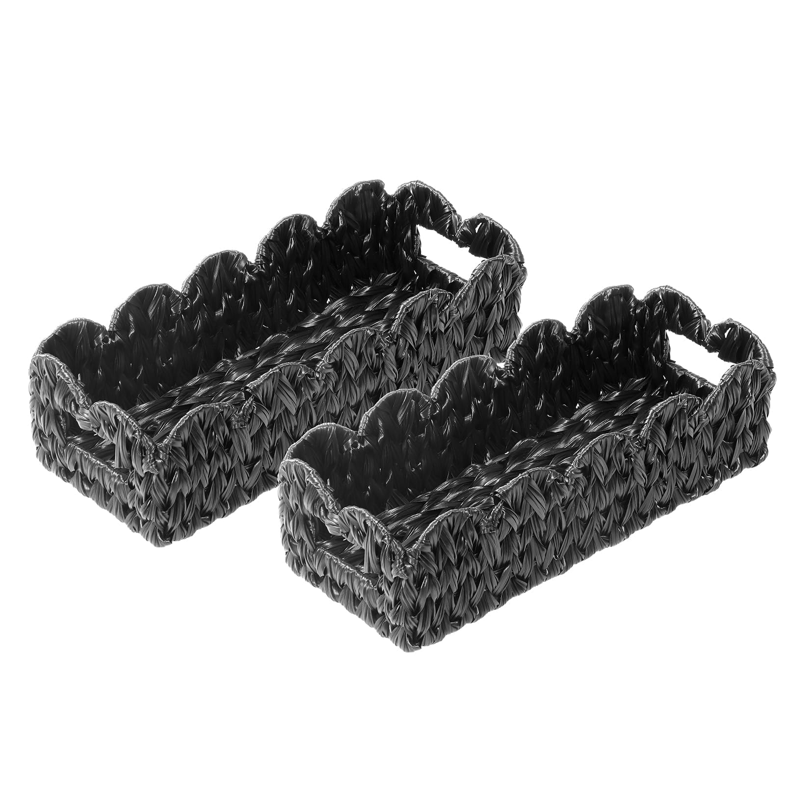 Coeusy Balck Toilet Basket,Set of 2 Scalloped Wicker Basket with Built-in Handles,Long Back of Toilet Baskets for Shelf,Tank Topper,Countertop,Rectangle
