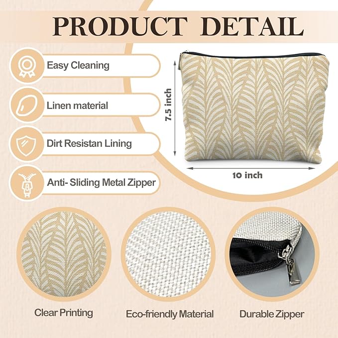 RYYCDOI Boho Beige Leaf Makeup Bag, Neutral Block Print Leaves Cosmetic Bags for Women, Minimalist Beige Botanical Zipper Makeup Pouch