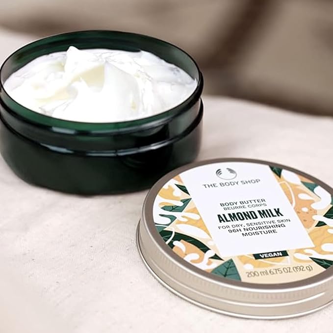 The Body Shop Body Butter | 96hr Nourishing Moisture for Dry Skin | Non-Greasy with Shea Butter for Smoother Softer Skin, Vegan, 200 ml / 6.4 oz (Almond Milk)