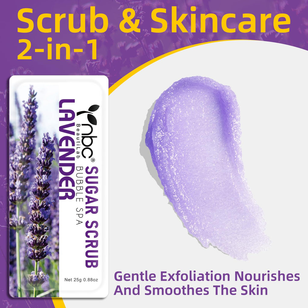 nbc BeautiLab Foot Exfoliating Scrub, Sugar Scrub, Dead Skin Remover for Feet, Individually Packaged Foot Scrub Smooths, Hydrates, Detoxifies Tired and Dry Cracked Feet 16 Packs per Box, Lavender