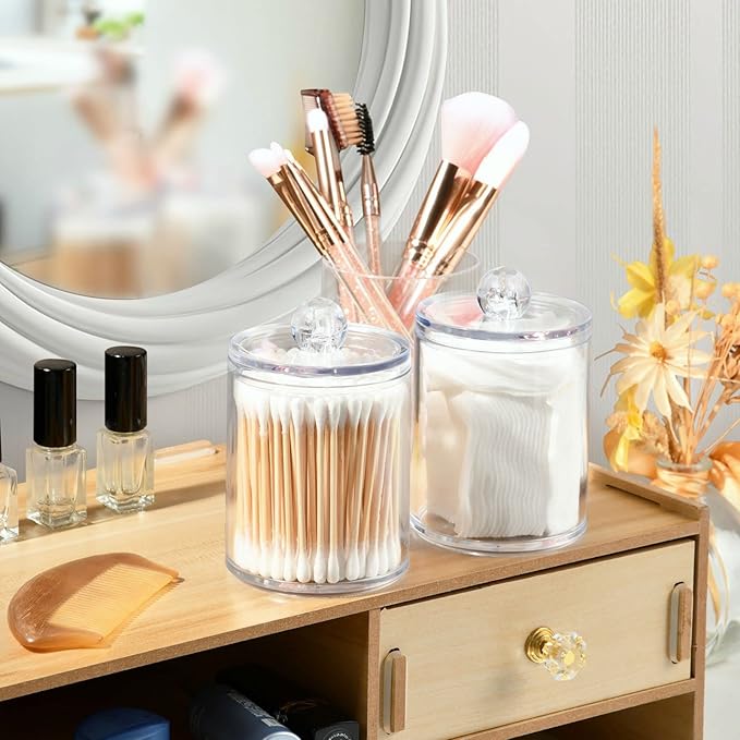 White Qtip Holder Organizer Dispenser Cotton Swabs Cans Plastic Jars with Lid Set 4 Pack Bathroom Storage Canister for Cotton Ball Floss Cotton Pads