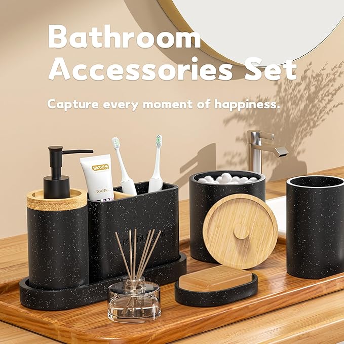 Bathroom Accessories Set Black, 6Pcs Bathroom Accessory Set, Large-Sized Toothbrush Holders Set Black, Soap Dispenser, Vanity Tray, Bathroom Tumbler, Apothecary Jars and a Soap Dish