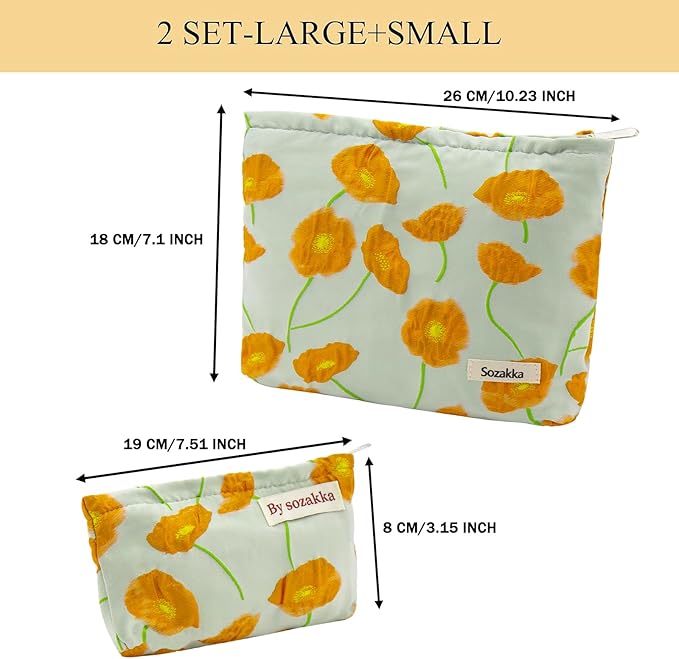 getgto 2 Pcs Makeup Bags, Large Cosmetic Bag Travel Toiletry Bag Organizer for Women, Embroidery Craft, Floral Makeup Bag Small Cosmetic Pouch Purse with Zipper Gifts for Girls Teen