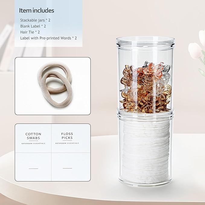 SheeChung 2-Pack Stackable Clear Qtip Holder - 10oz Crystal Apothecary Jars with Storage Lids - Clear Plastic Bathroom Countertop Organizer for Cotton Balls, Swabs, Pads - Pinterest Style Decor