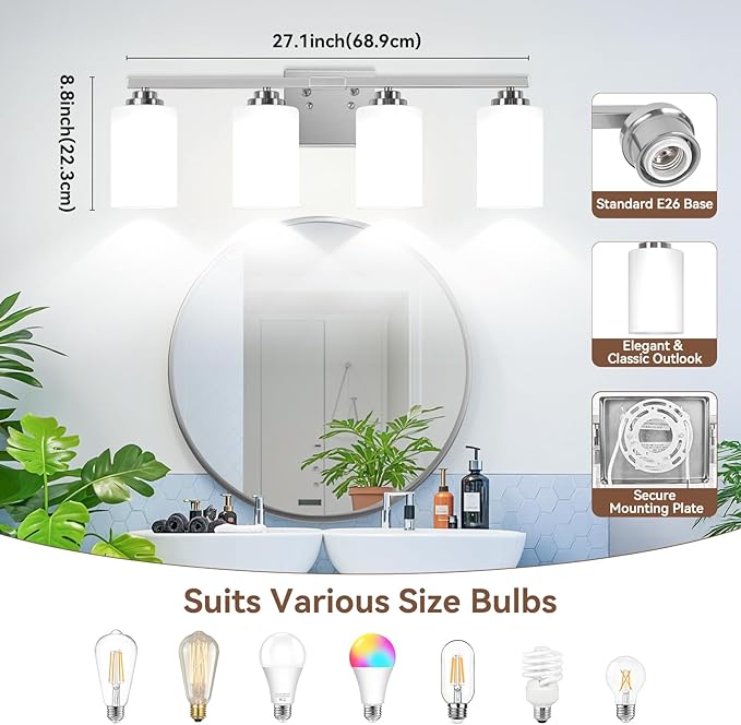 VerRon 4-Light Brushed Nickel Bathroom Light Fixtures Over Mirror 27 Inches