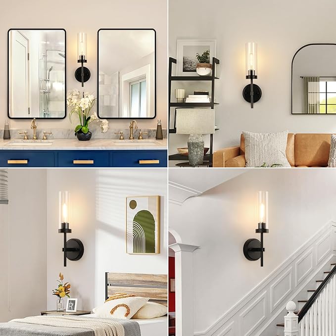 WILON Black Wall Sconces Set of 2, Bathroom Sconces Vanity Light Fixtures with Clear Glass Shades, Indoor Rustic Farmhouse Wall Lamps for Bedroom Living Room Bathroom Bedside Hallway Mirror